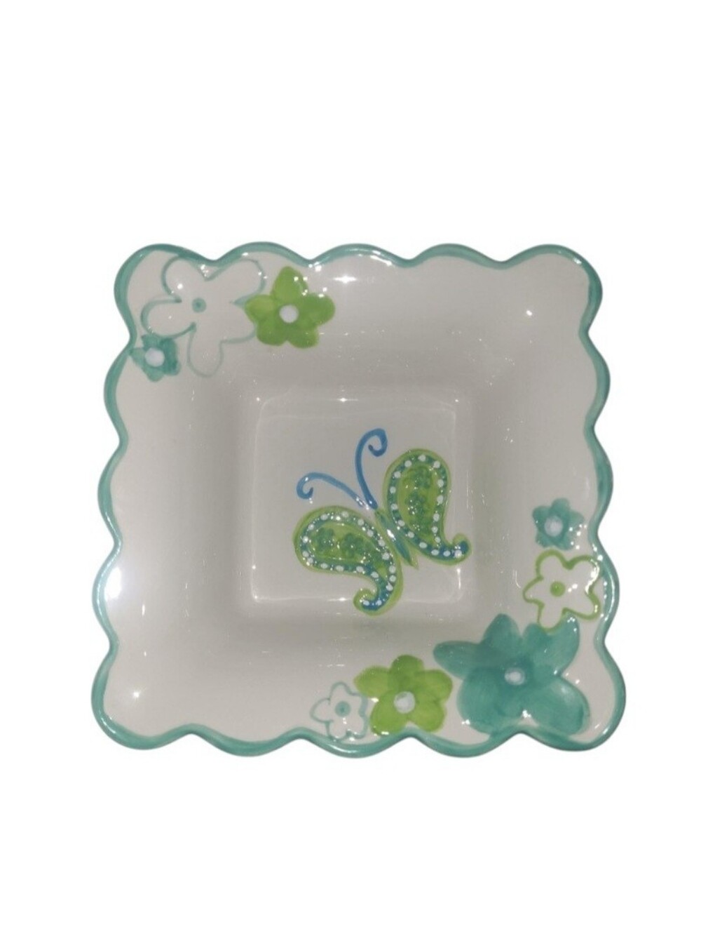 Decorative White Ceramic Bowl with Green Butterfly and Floral Accents